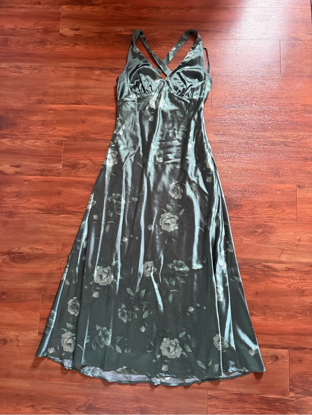 Olive Green Satin Floral Maxi Slip Dress